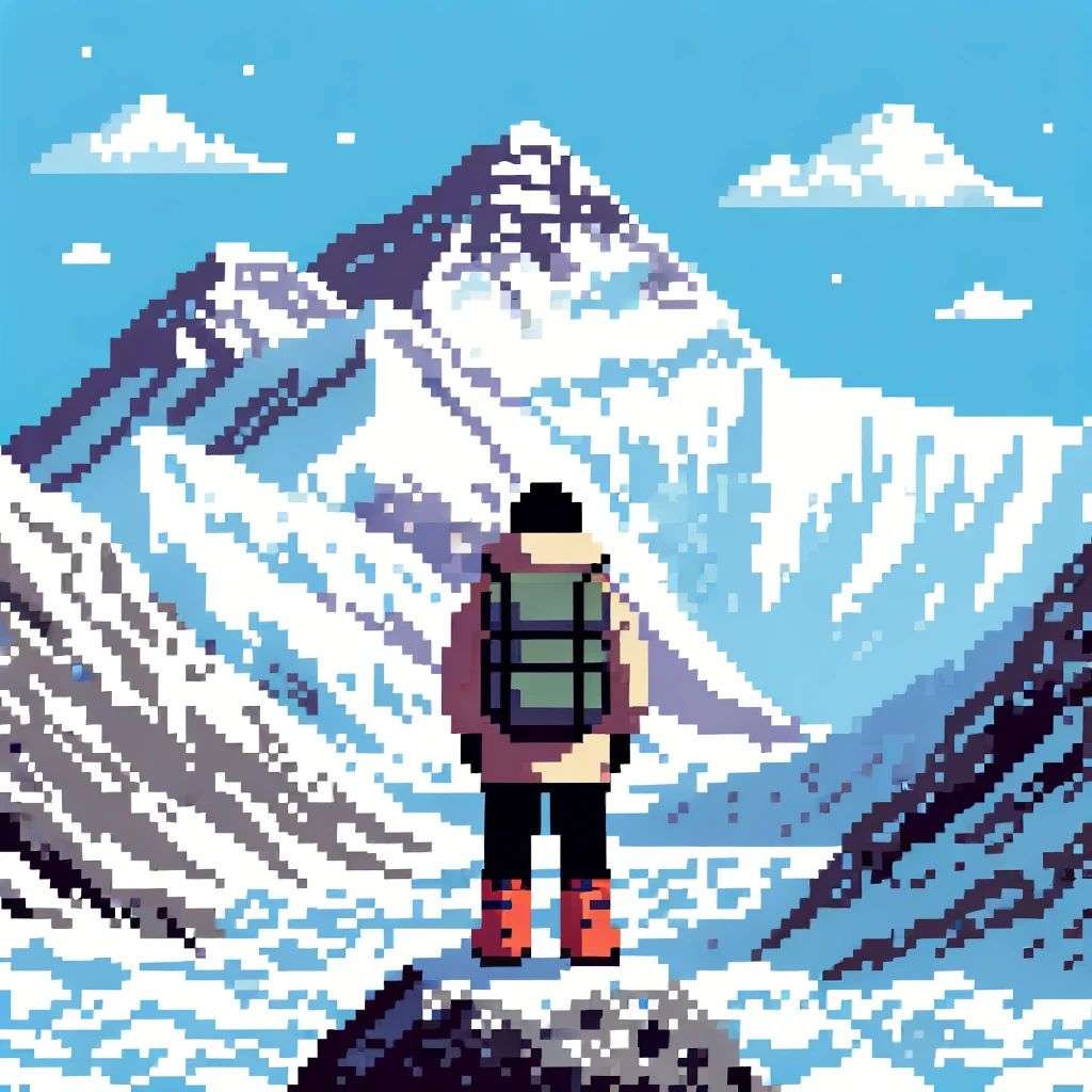 someone gazing at Mount Everest, pixel art